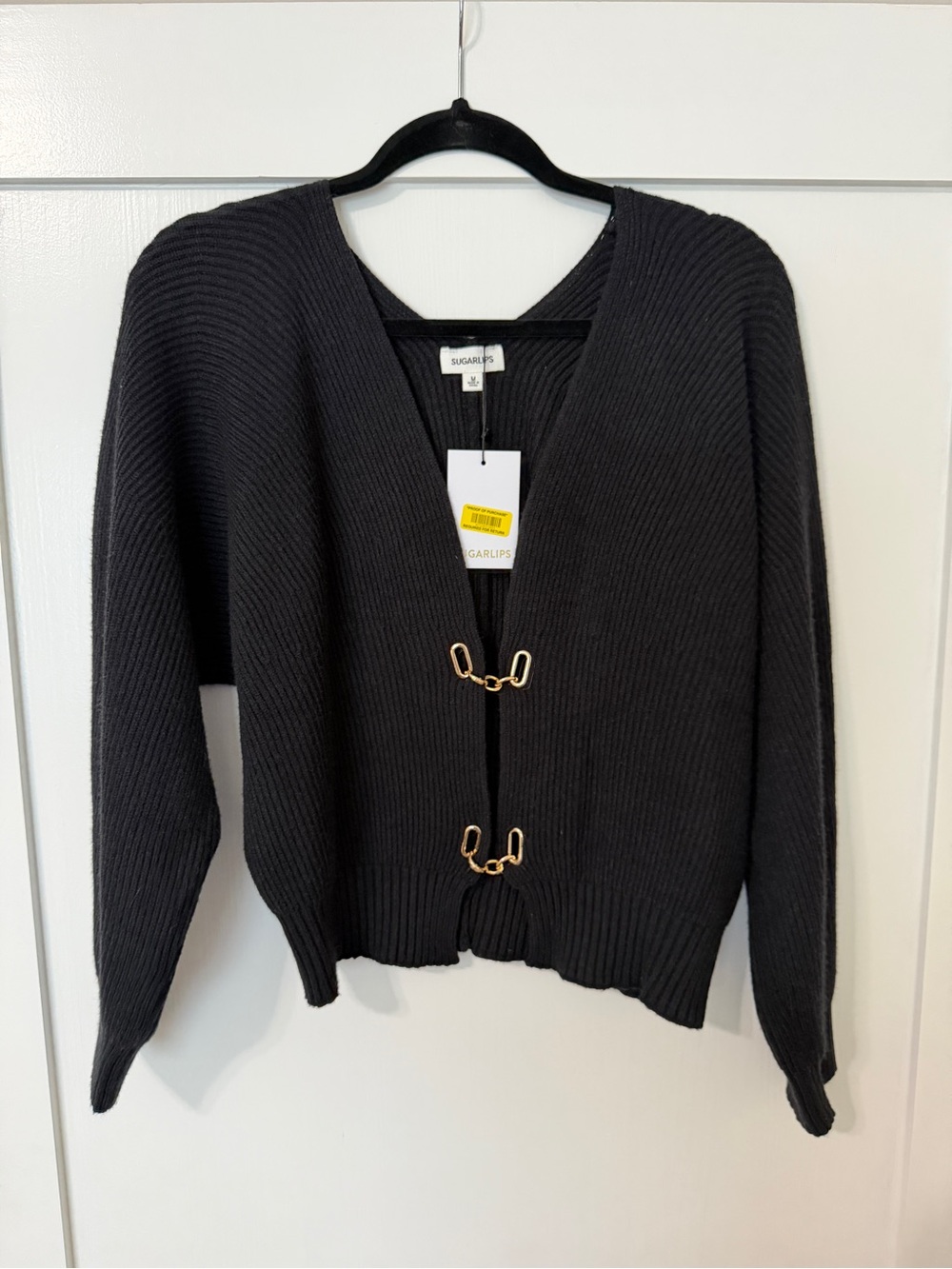 Sugarlips Black V-Neck Cardigan (Sweater) with Gold Hardware Size Medium NWT